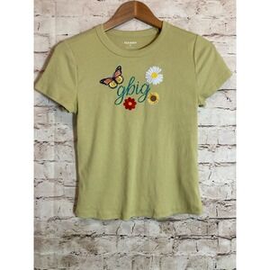 Old Navy Snug Top Womens Medium Baby Tee Pea Green Ribbed Glitter‎ Embroidery